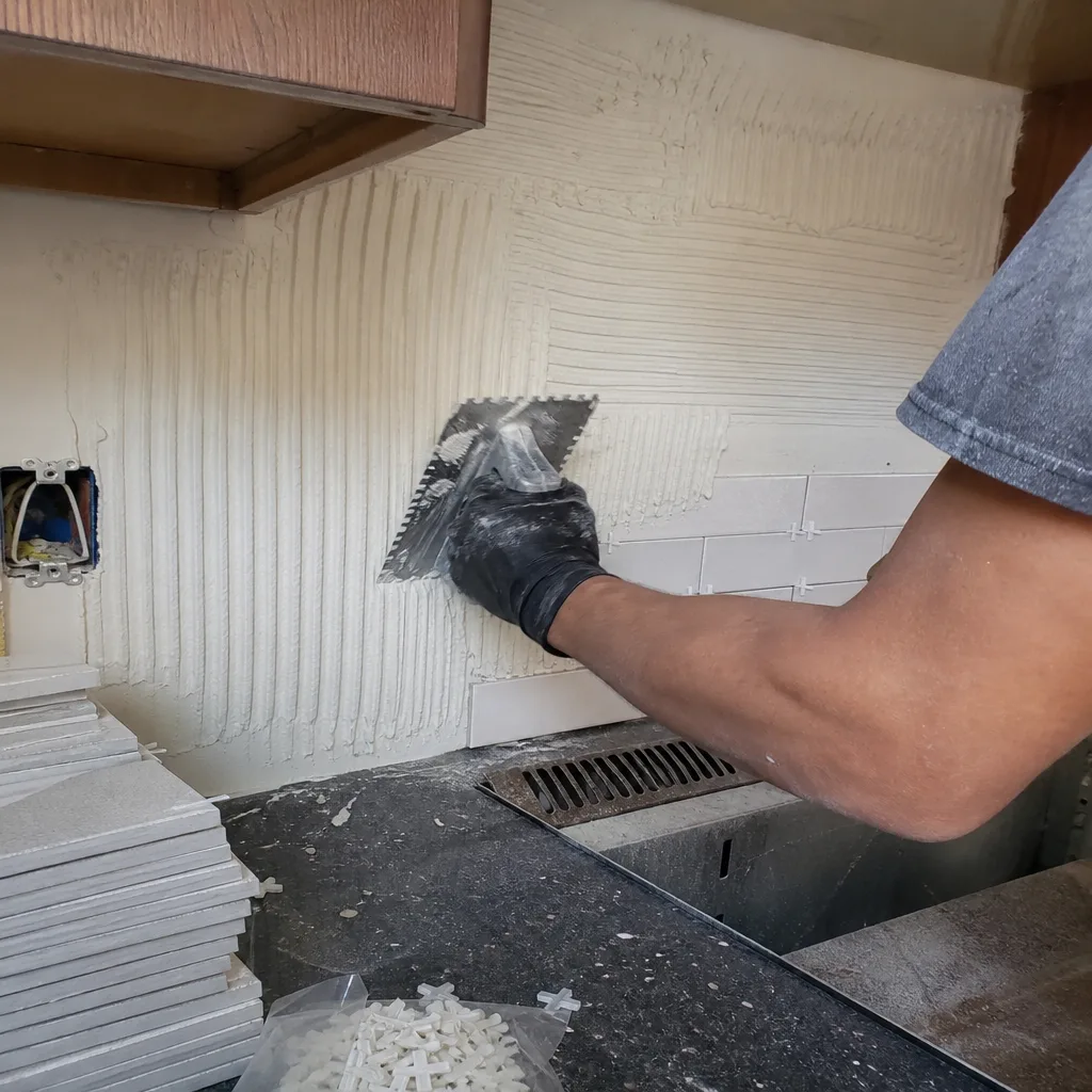 Professional contractor installing kitchen subway tile backsplash with notched trowel
