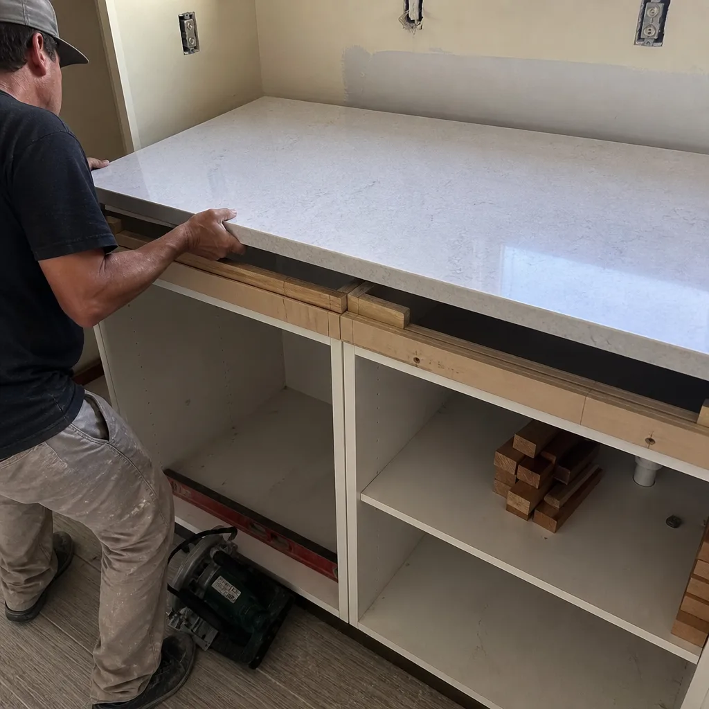 Contractor installing a white quartz countertop during a kitchen remodel.