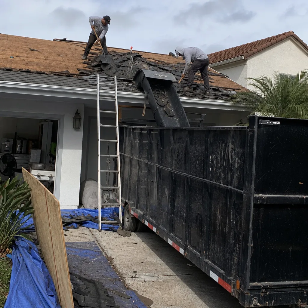 Two contractors removing old roofing shingles into a dumpster chute