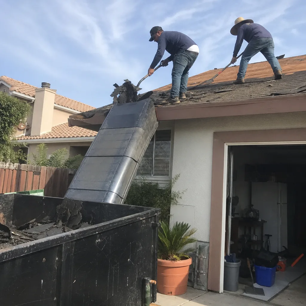 Professional contractors performing residential roof tear-off and debris removal.