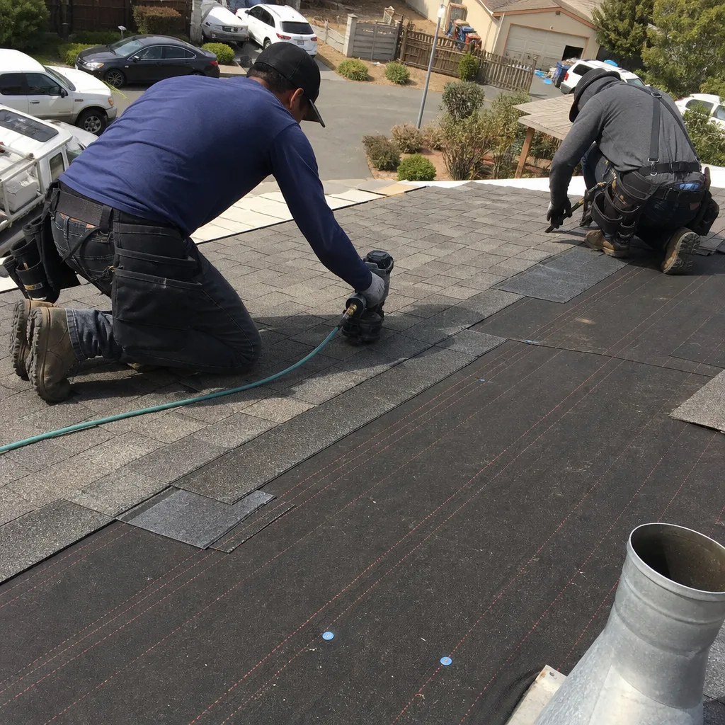 Two professional roofers installing asphalt shingles on a residential roof.
