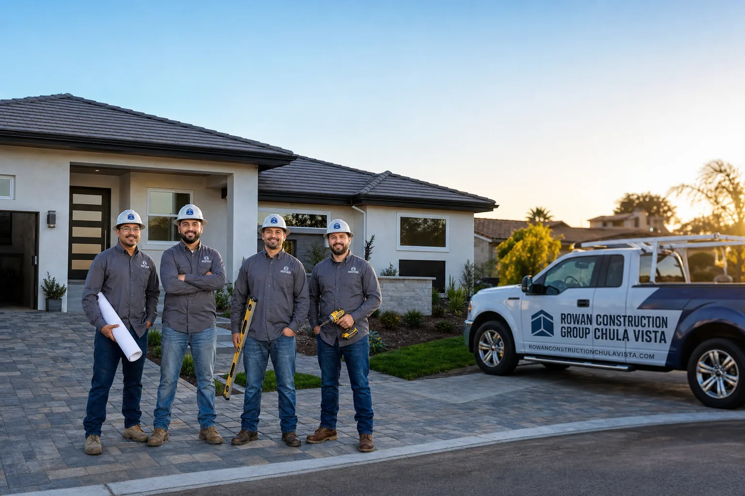 Rowan Construction Group Chula Vista construction service vehicle and crew in Chula Vista, CA